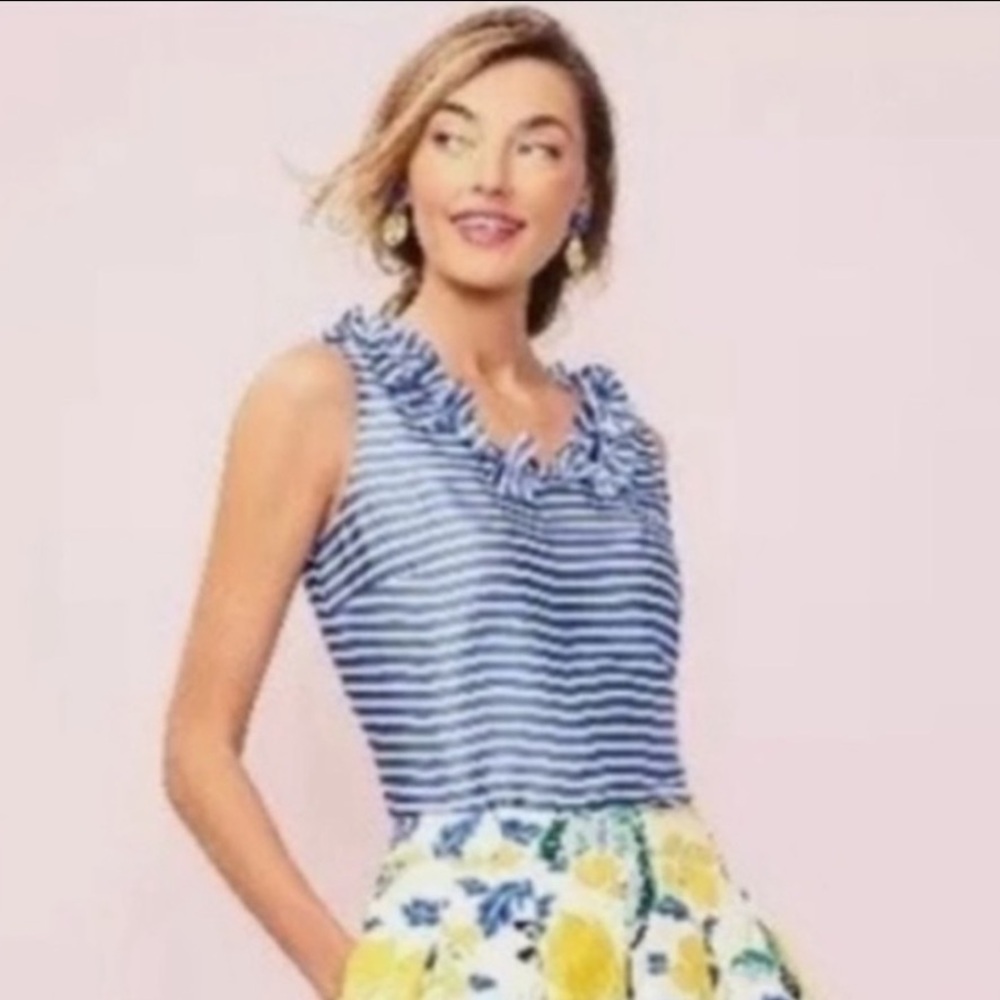 Talbots RSVP Blue & White Ruffle Neck Blouse.